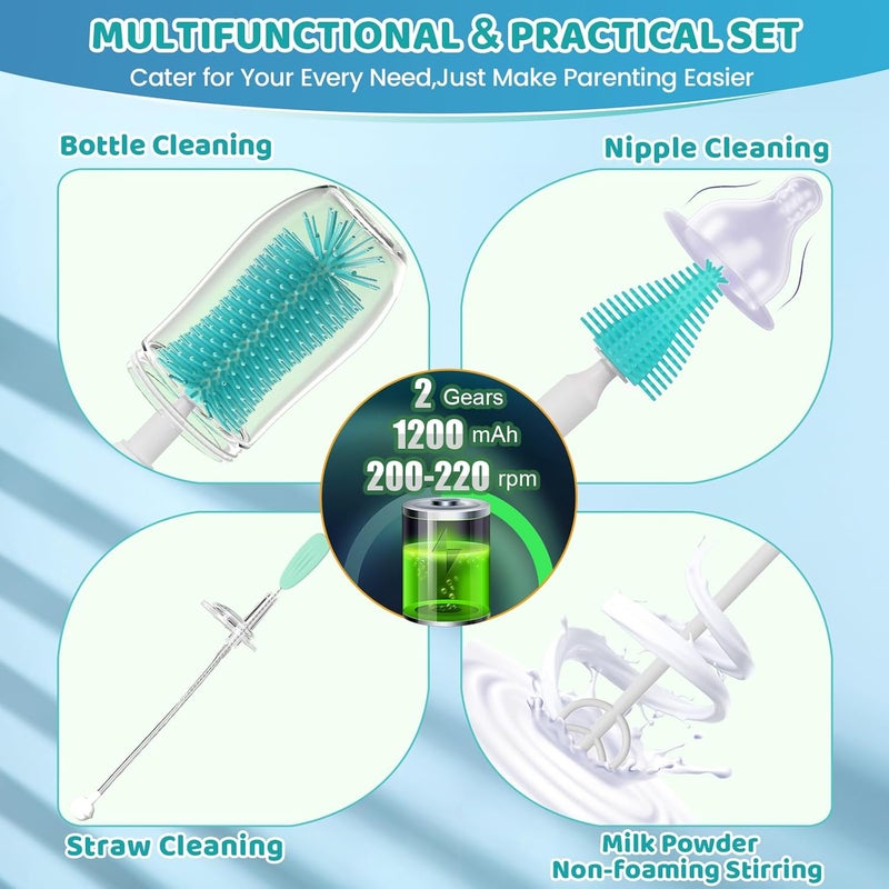 IvyWind Electric Travel Baby Bottle Brush Set with Storage Box, Automatic Bottle Cleaner Brush Kit with Silicone Bottle/Nipple/Straw Brush, Milk Frother Electric and Drainage Rack, Rechargeable, Green - Image 3